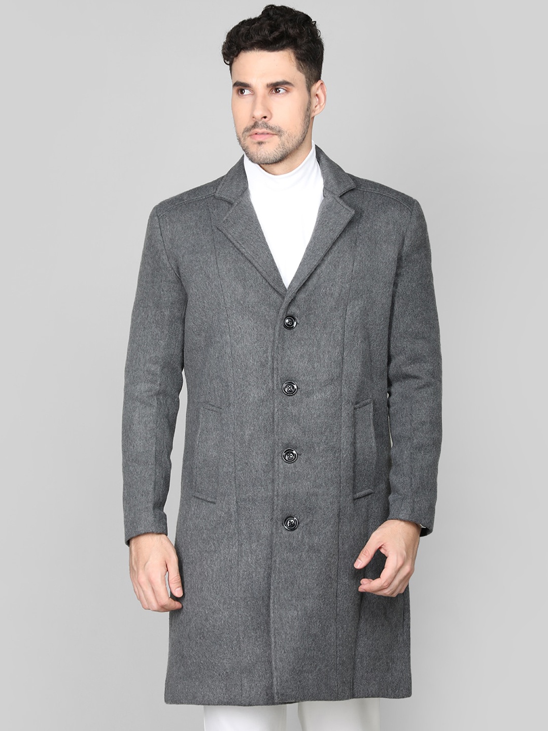 

Dlanxa Notched Lapel Long Sleeves Longline Tweed Over Coat, Grey