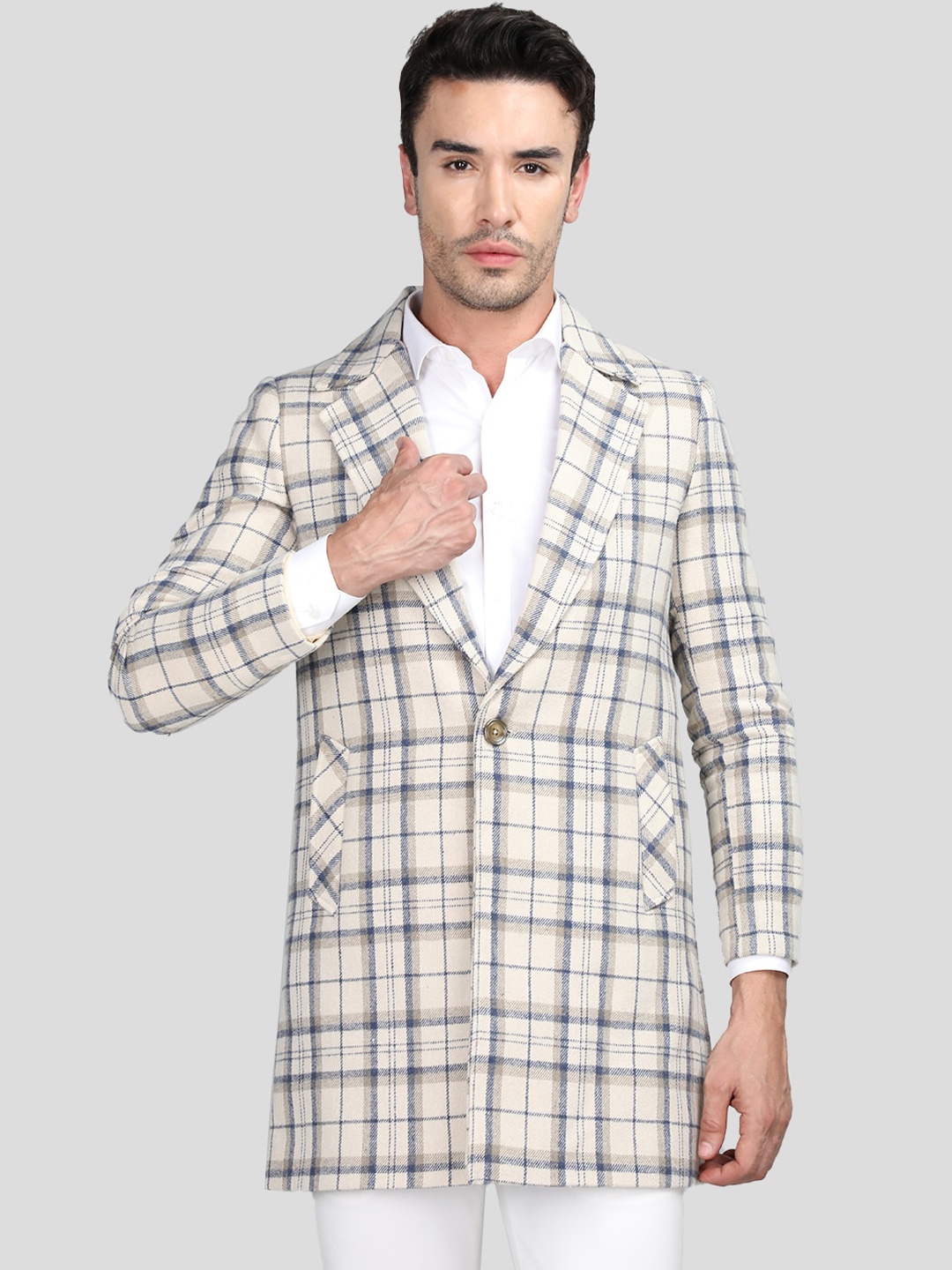 

Dlanxa Checked Notched Lapel Long Sleeves Longline Tweed Over Coat, White