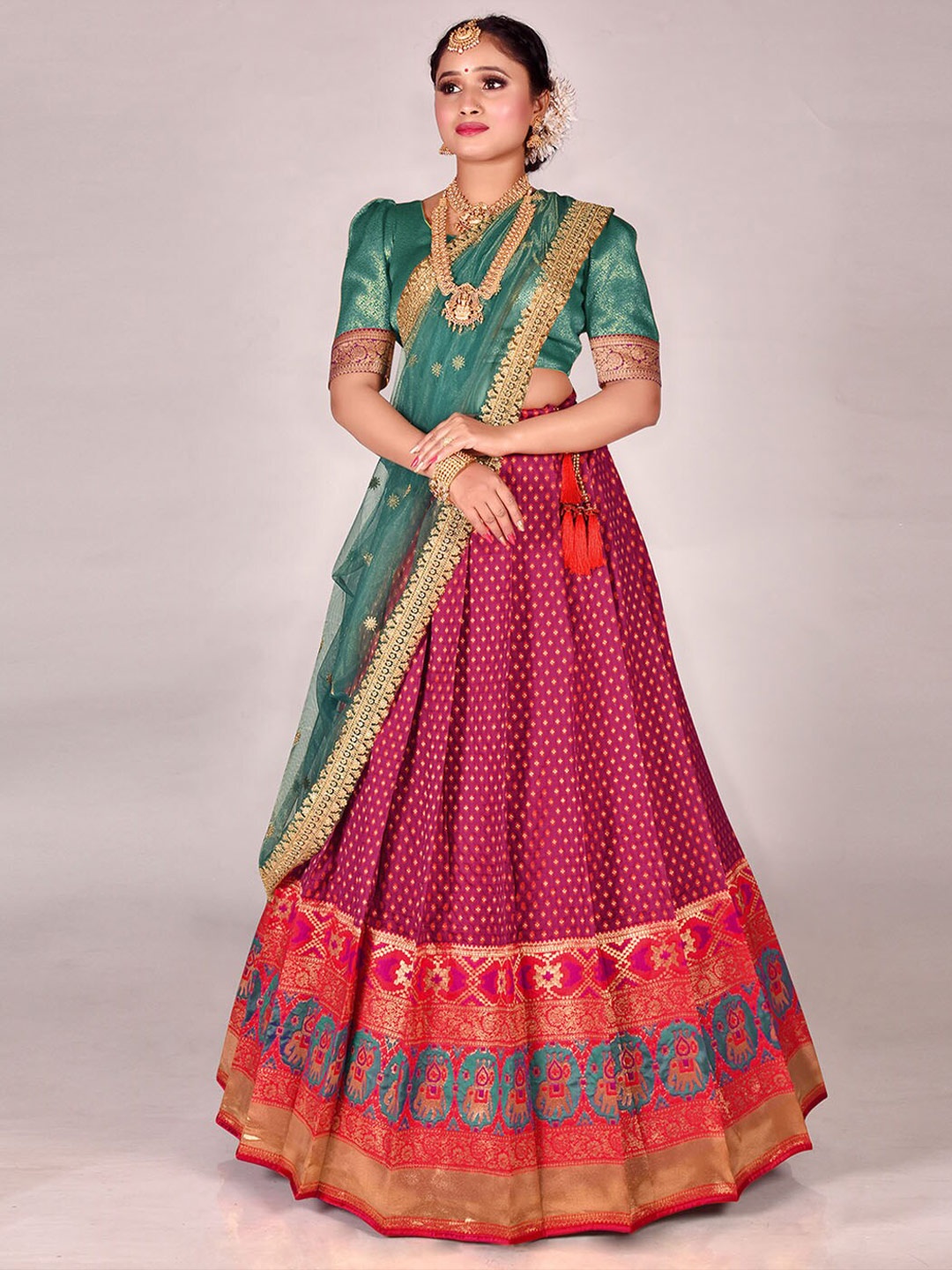 

HALFSAREE STUDIO Semi-Stitched Lehenga & Unstitched Blouse With Dupatta, Magenta