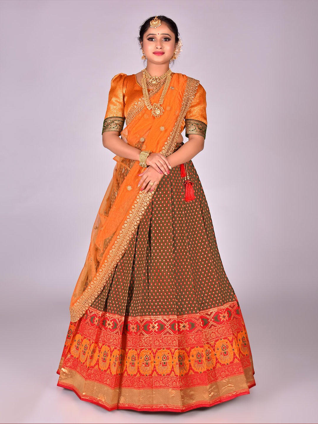 

HALFSAREE STUDIO Semi-Stitched Lehenga & Unstitched Blouse With Dupatta, Green