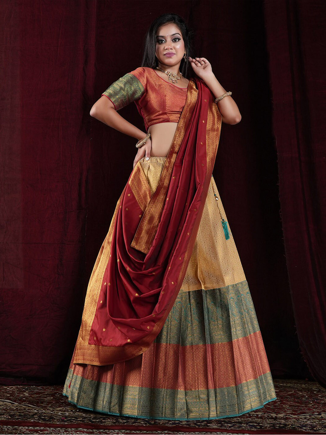 

HALFSAREE STUDIO Semi-Stitched Lehenga & Unstitched Blouse With Dupatta, Cream