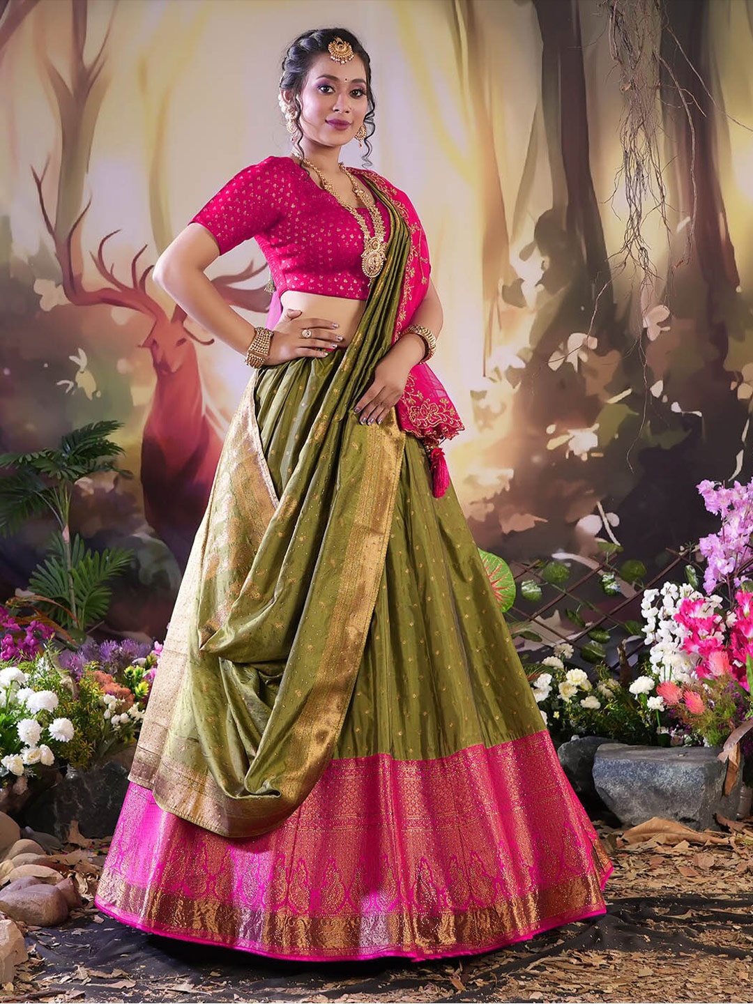 

HALFSAREE STUDIO Semi-Stitched Lehenga & Unstitched Blouse With Dupatta, Olive