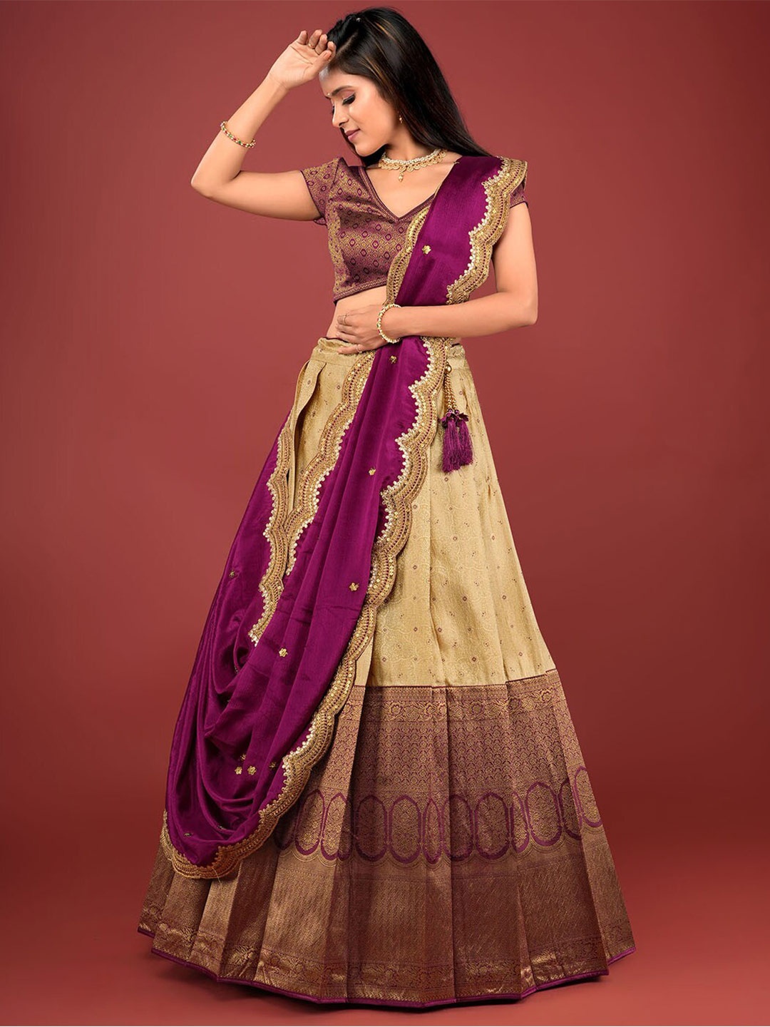

HALFSAREE STUDIO Semi-Stitched Lehenga & Unstitched Blouse With Dupatta, Burgundy