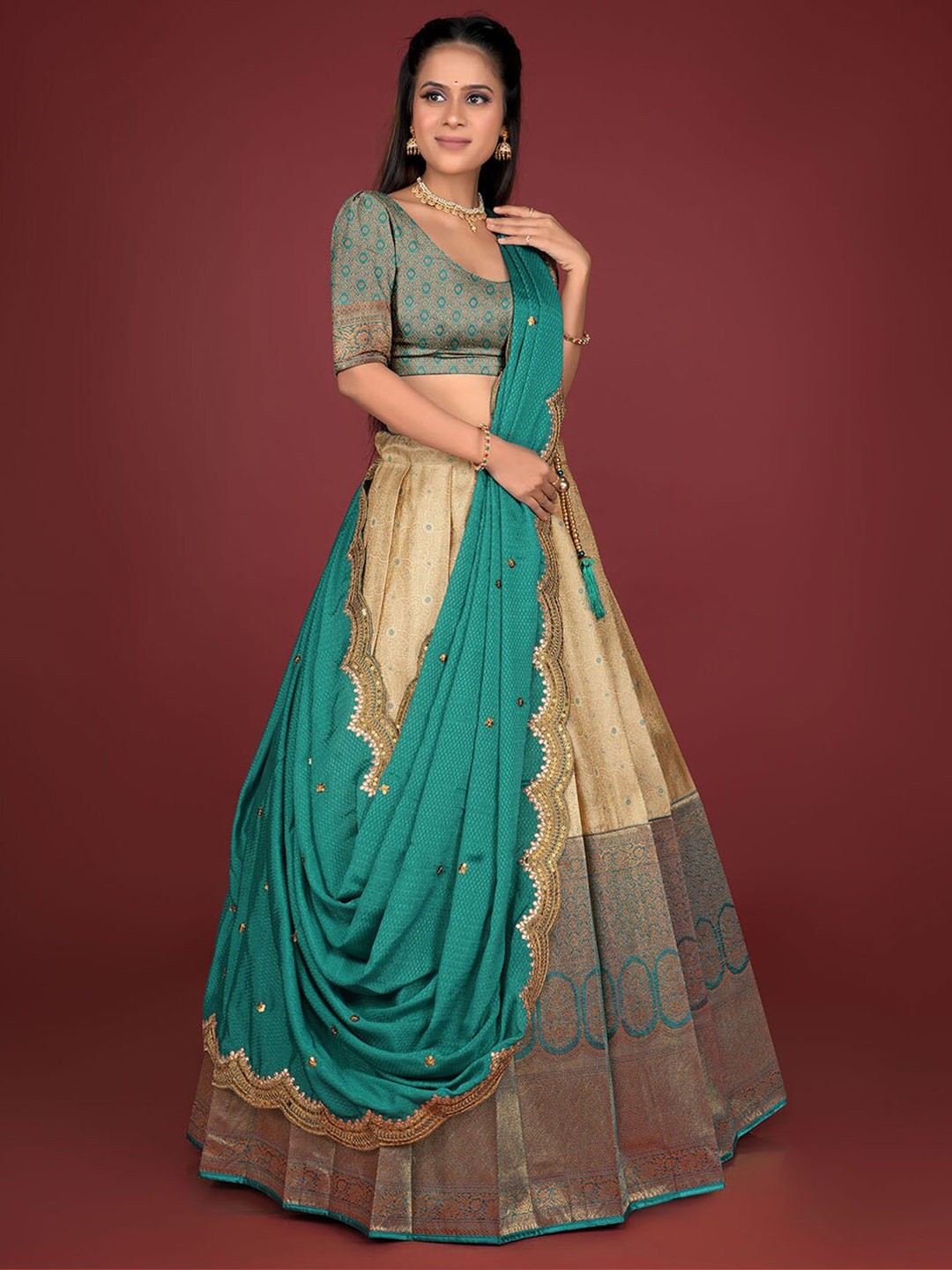 

HALFSAREE STUDIO Kanjivaram Silk Semi-Stitched Lehenga & Unstitched Blouse With Dupatta, Beige