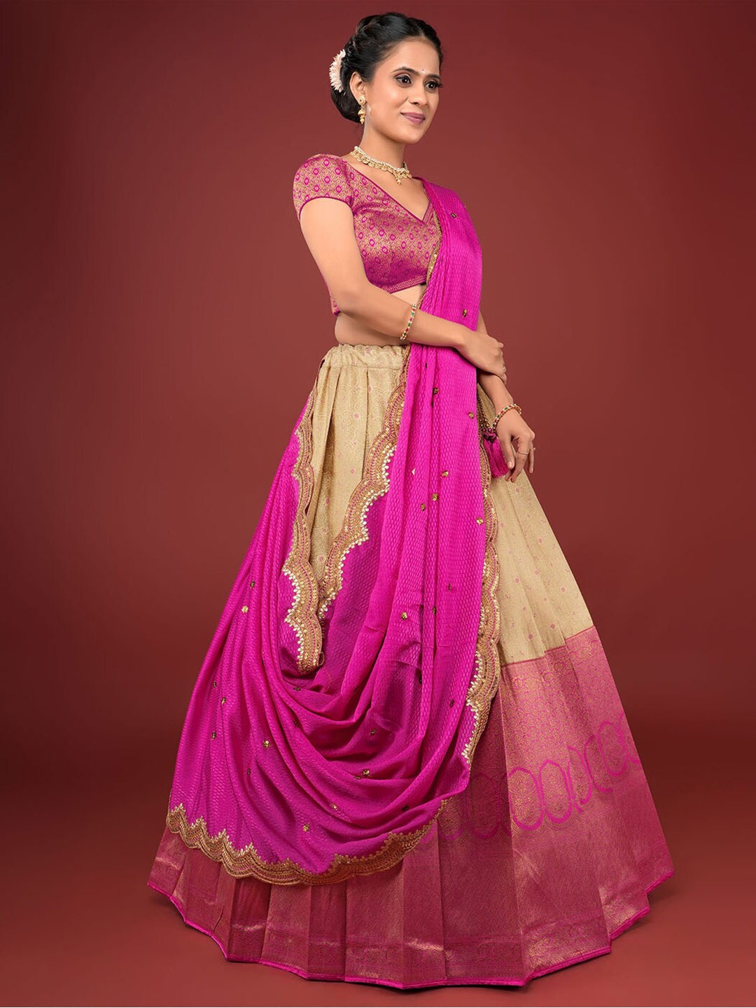 

HALFSAREE STUDIO Semi-Stitched Lehenga & Unstitched Blouse With Dupatta, Pink