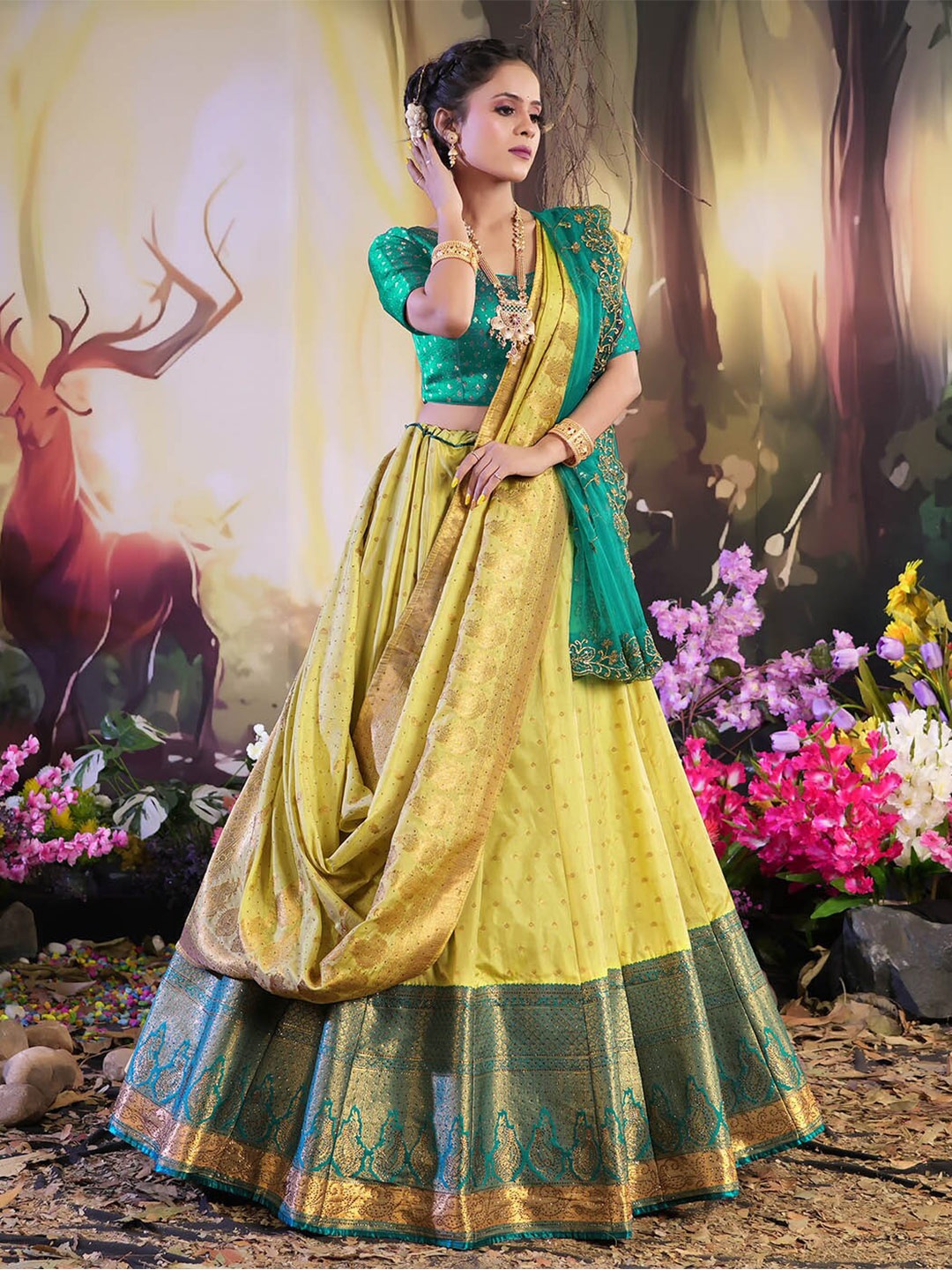 

HALFSAREE STUDIO Banarasi Semi-Stitched Lehenga & Unstitched Blouse With Double Dupatta, Yellow