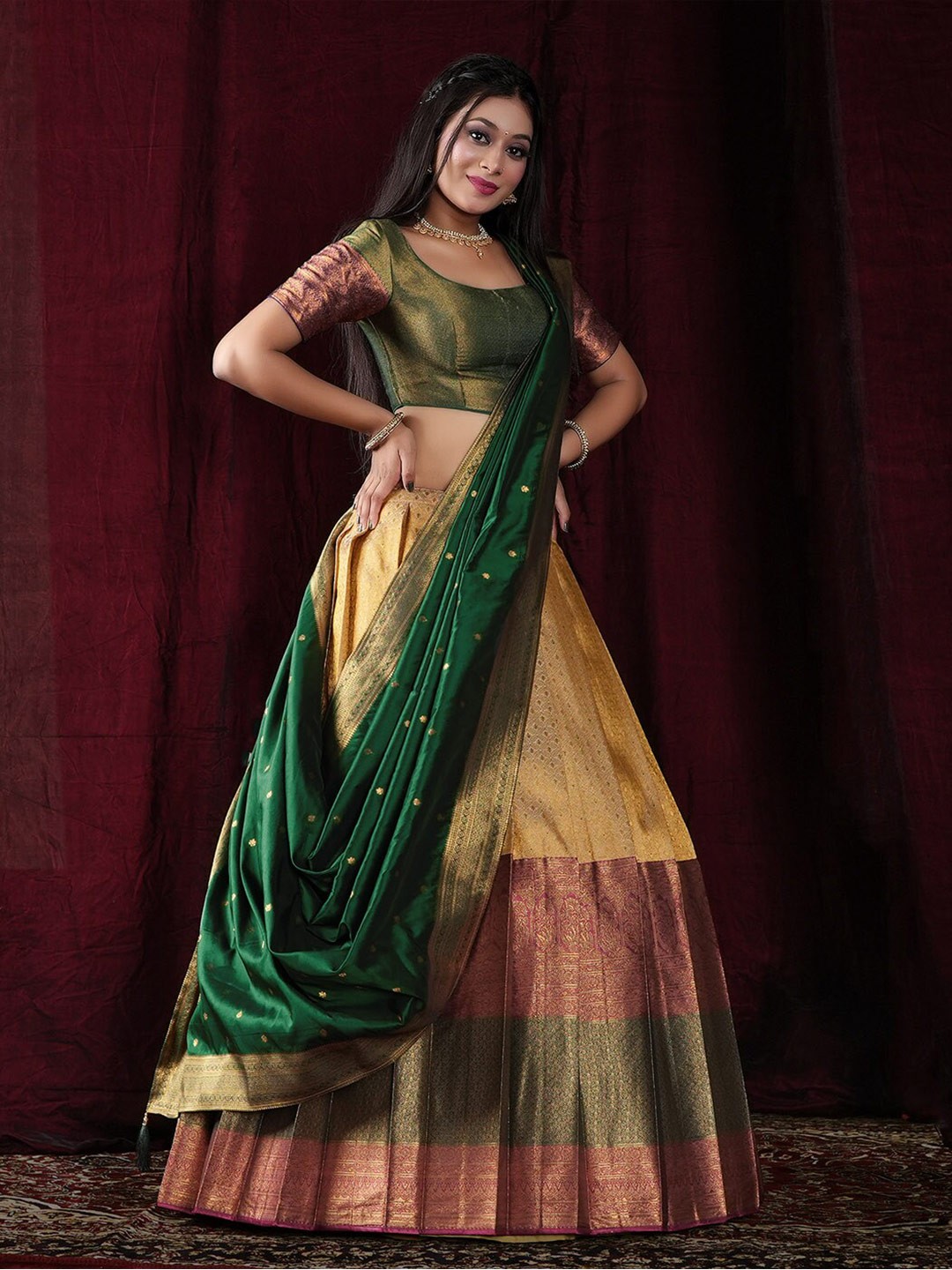 

HALFSAREE STUDIO Semi-Stitched Lehenga & Unstitched Blouse With Dupatta, Cream