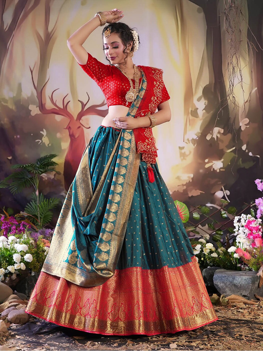 

HALFSAREE STUDIO Semi-Stitched Lehenga & Unstitched Blouse With Dupatta, Red