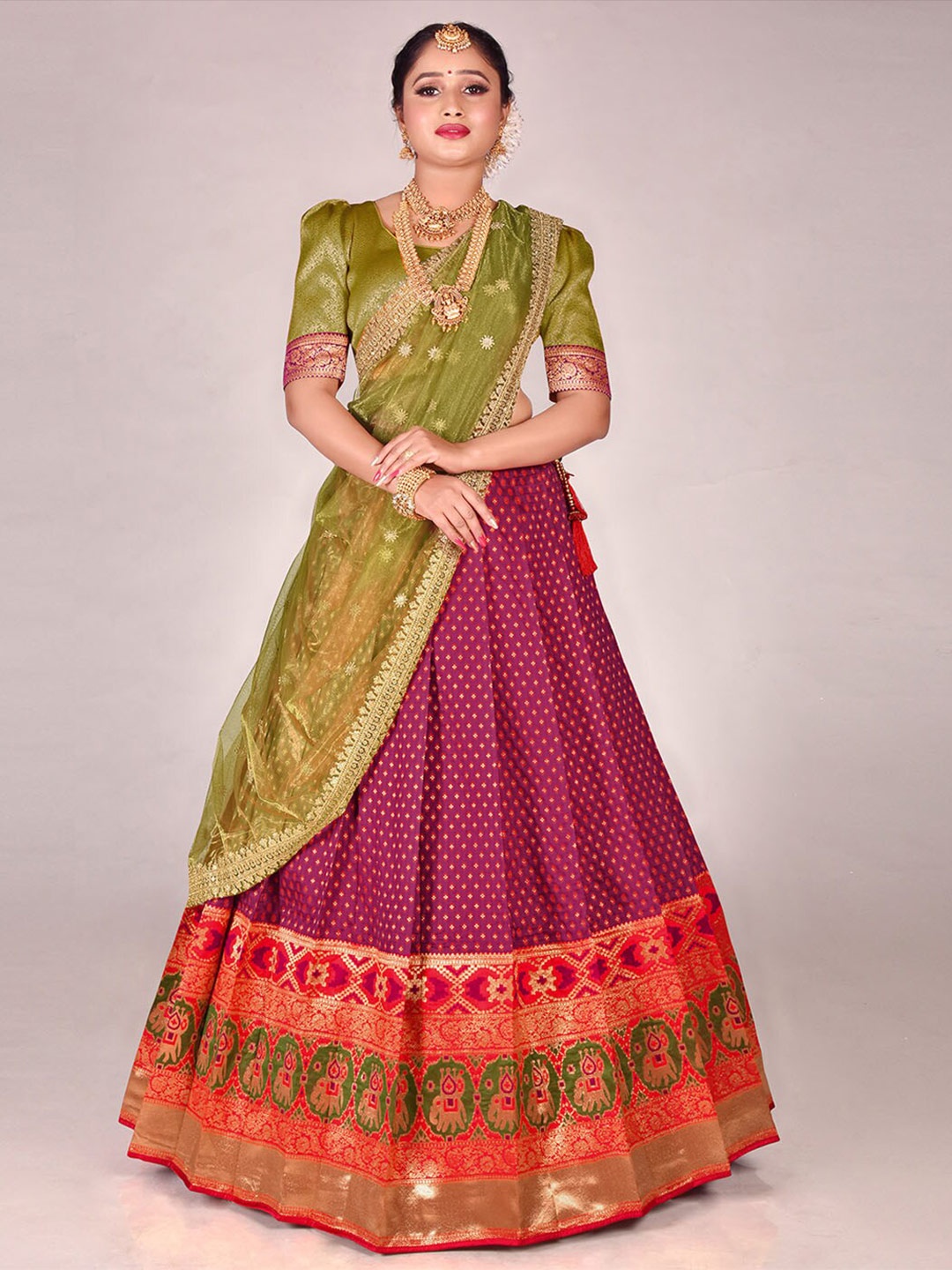 

HALFSAREE STUDIO Semi-Stitched Lehenga & Unstitched Blouse With Dupatta, Olive