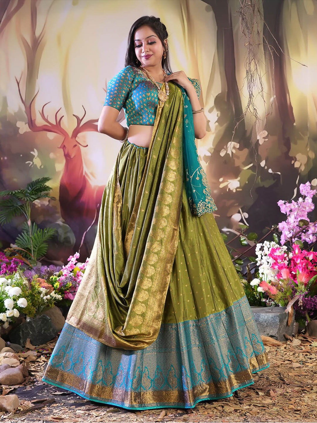 

HALFSAREE STUDIO Semi-Stitched Lehenga & Unstitched Blouse With Dupatta, Olive