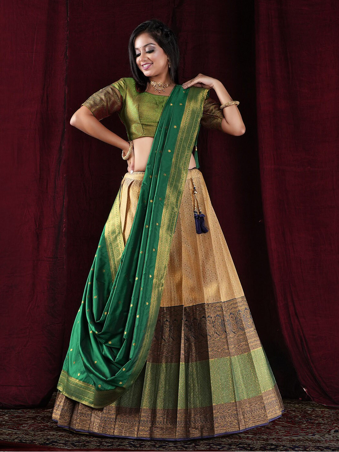 

HALFSAREE STUDIO Semi-Stitched Lehenga & Unstitched Blouse With Dupatta, Cream
