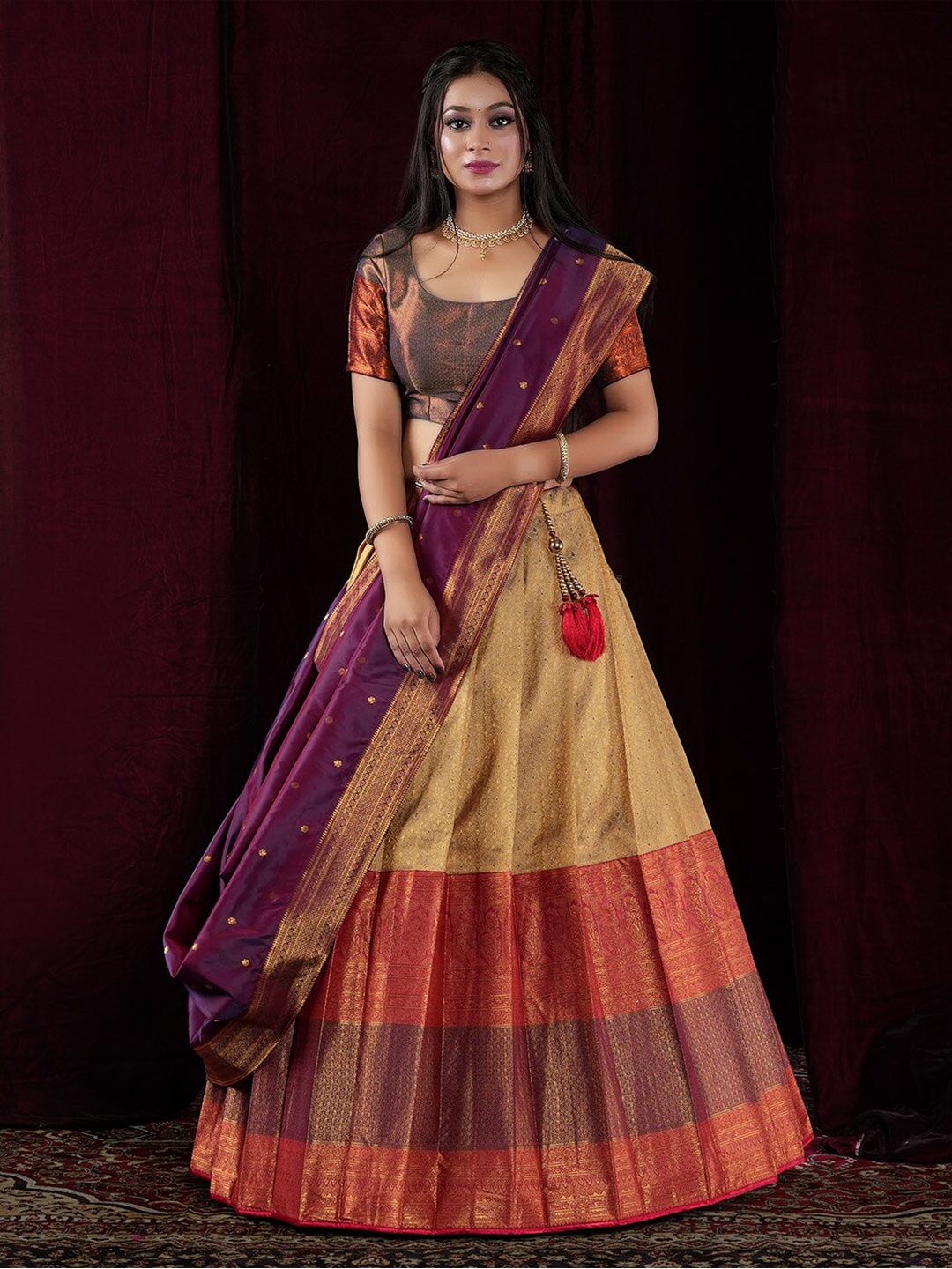 

HALFSAREE STUDIO Semi-Stitched Lehenga & Unstitched Blouse With Dupatta, Cream