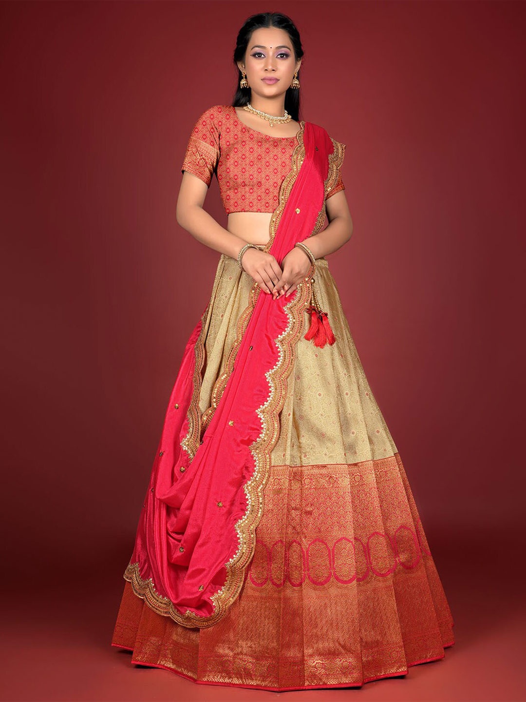 

HALFSAREE STUDIO Semi-Stitched Lehenga & Unstitched Blouse With Dupatta, Red