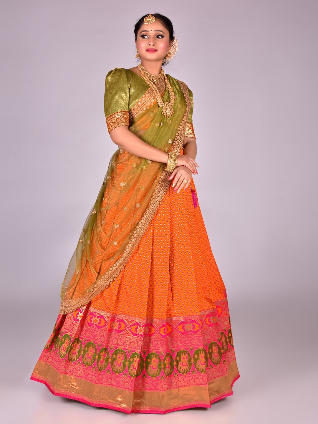 

HALFSAREE STUDIO Banarasi Silk Semi-Stitched Lehenga & Unstitched Blouse With Dupatta, Olive