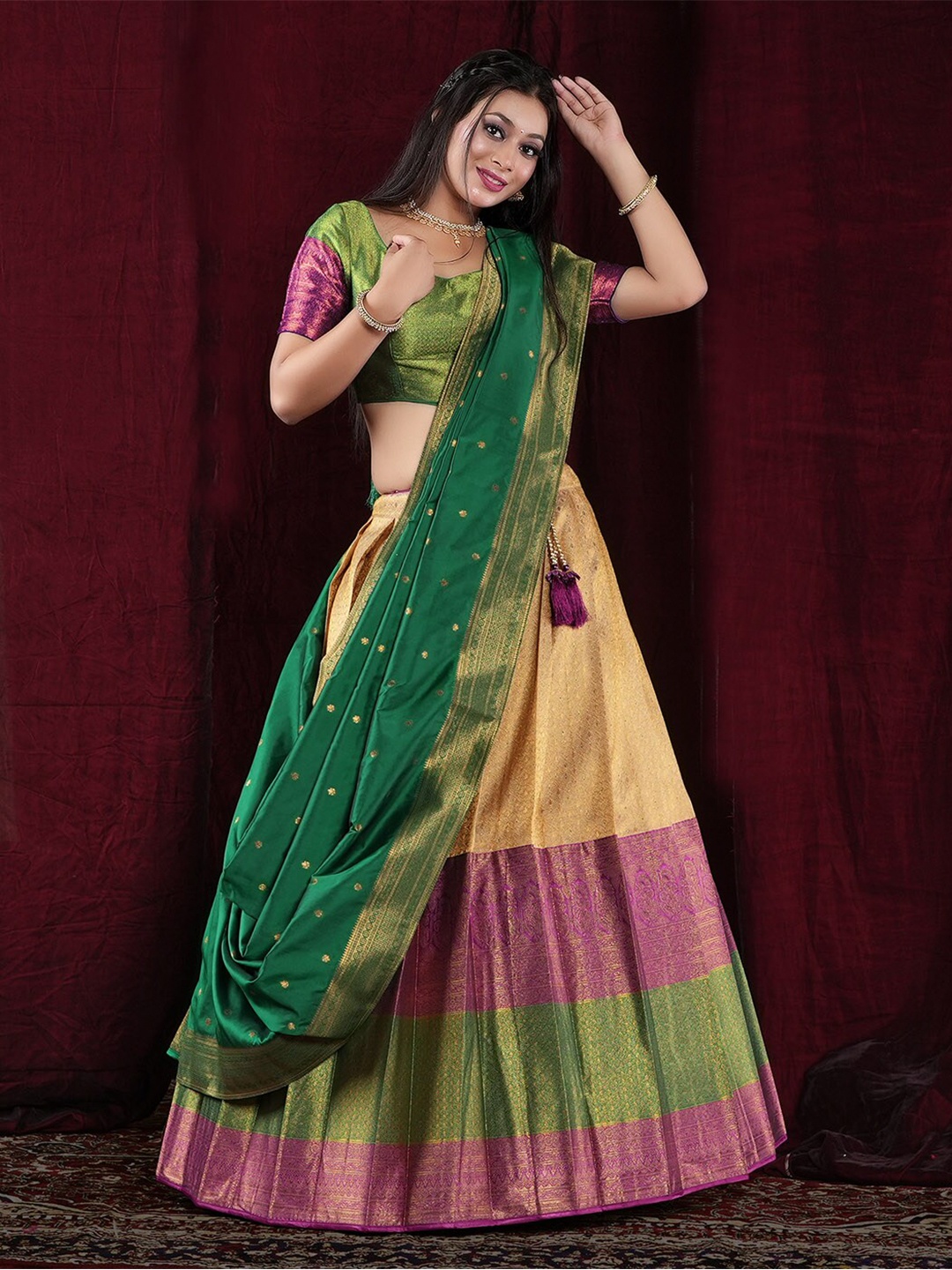 

HALFSAREE STUDIO Woven Design Zari Semi-Stitched Lehenga & Unstitched Blouse With Dupatta, Cream