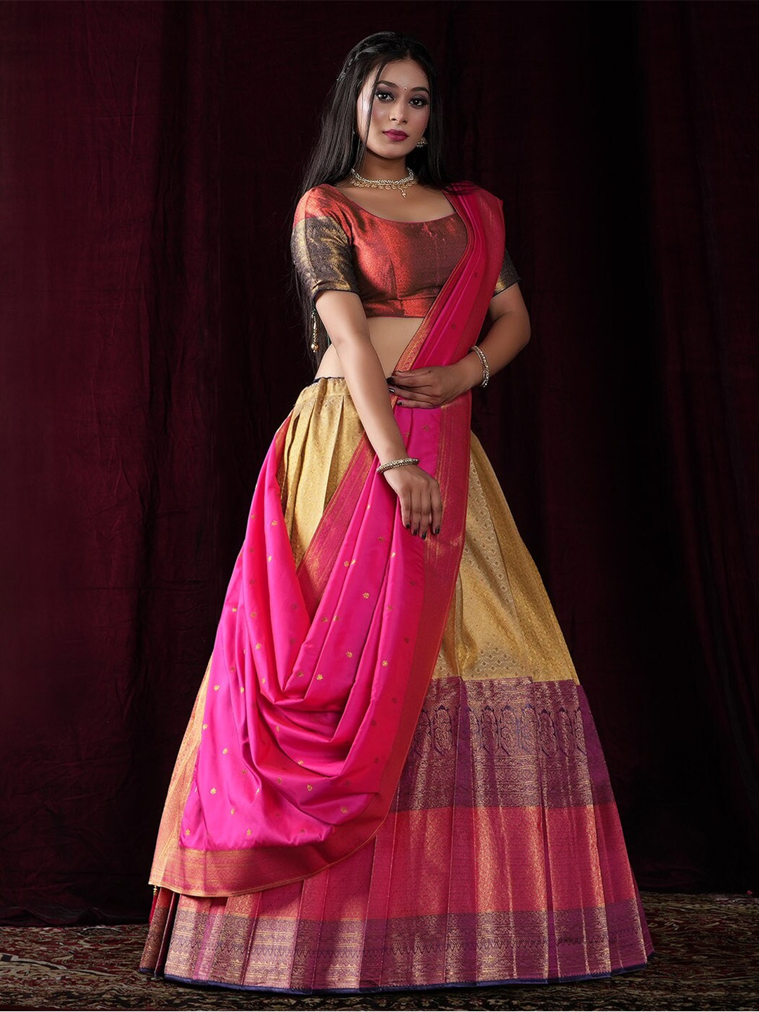 

HALFSAREE STUDIO Woven Design Zari Semi-Stitched Lehenga & Unstitched Blouse With Dupatta, Cream