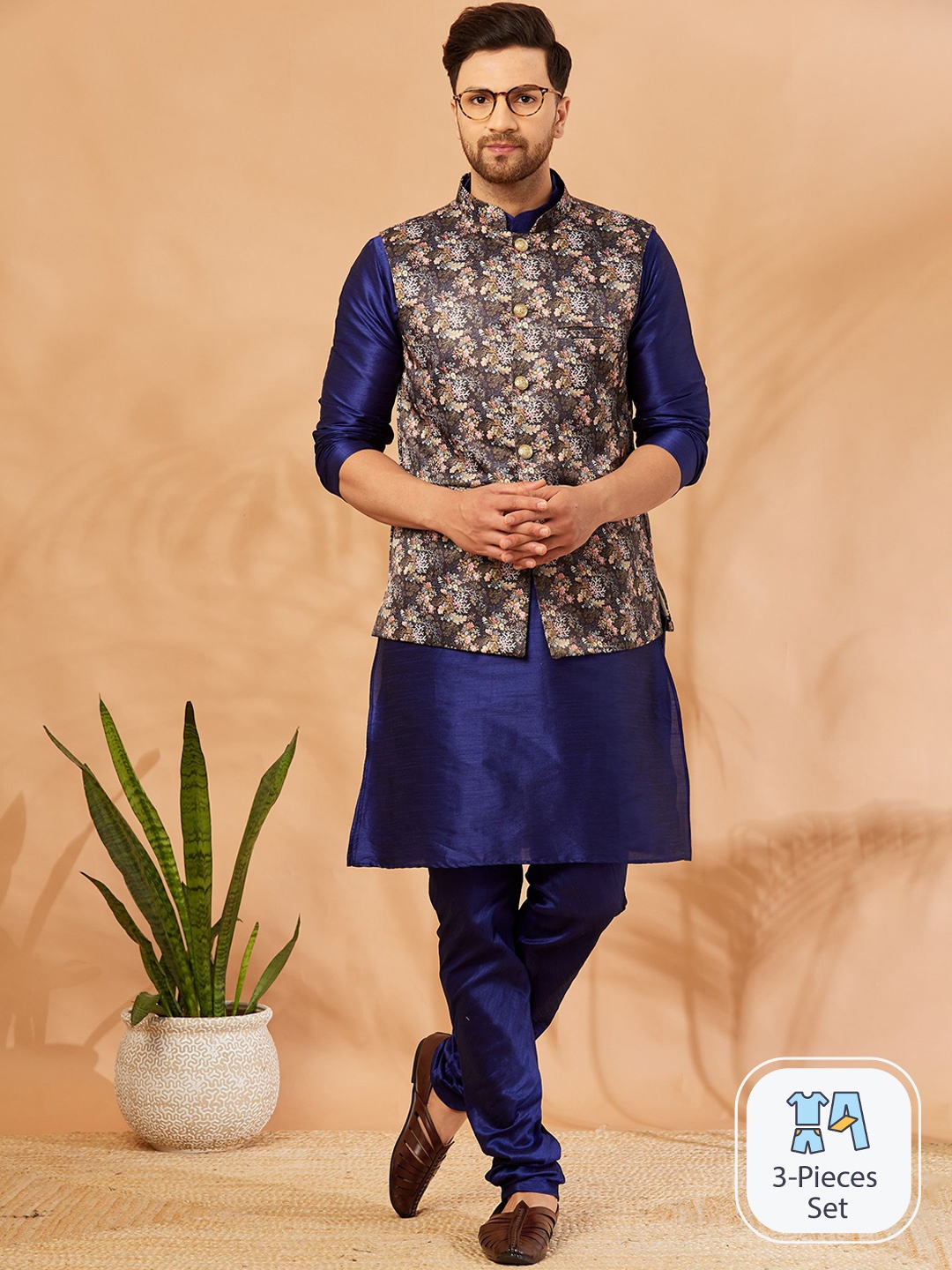 

Armaan Ethnic Mandarin Collar Kurta With Churidar & Nehru Jacket, Navy blue