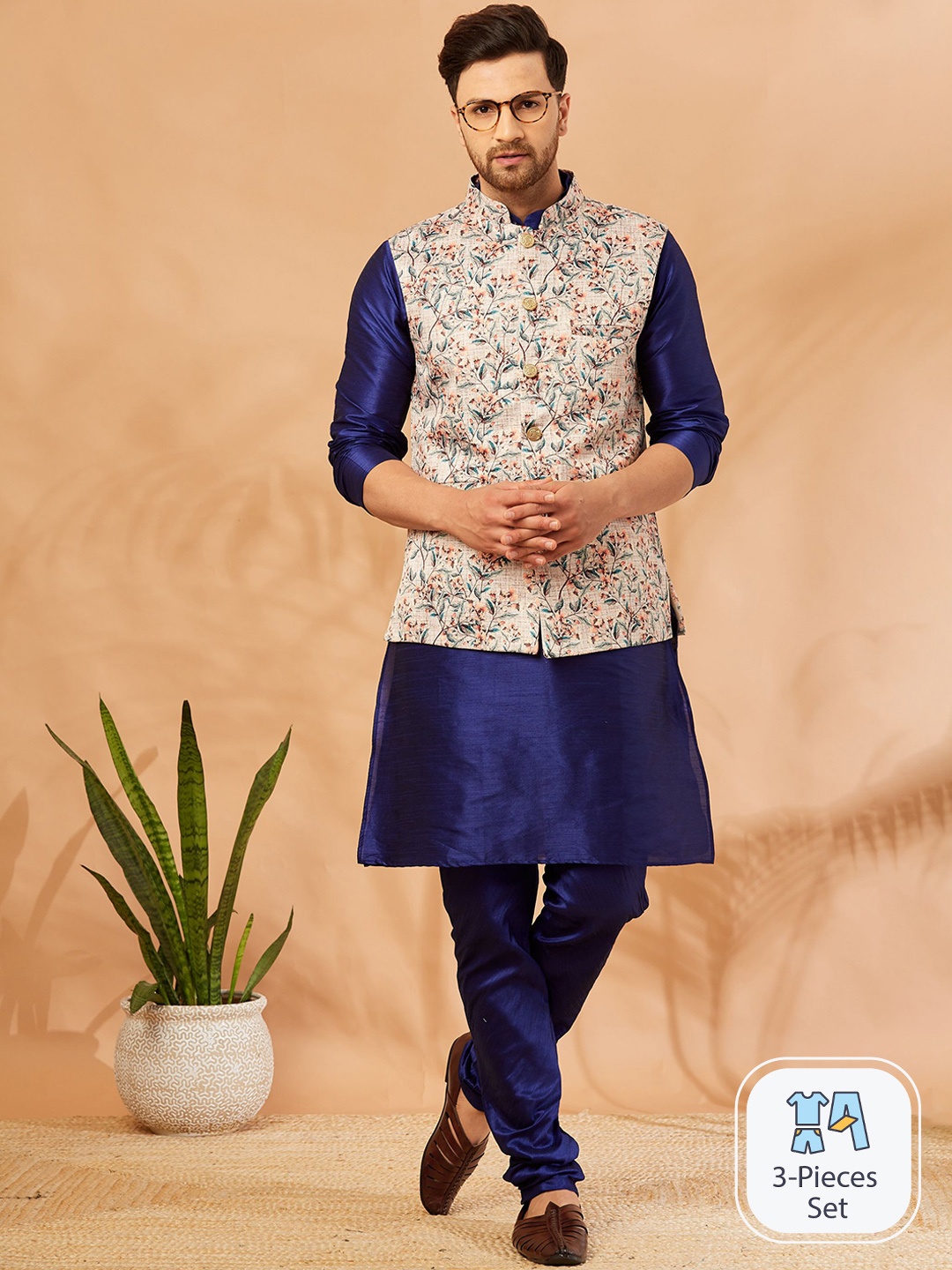 

Armaan Ethnic Mandarin Collar Kurta With Churidar & Nehru Jacket, Navy blue