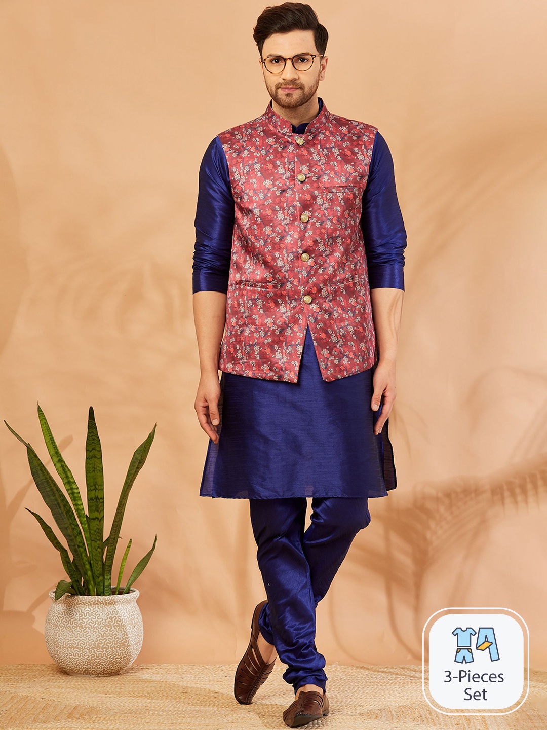 

Armaan Ethnic Mandarin Collar Kurta With Churidar & Nehru Jacket, Navy blue