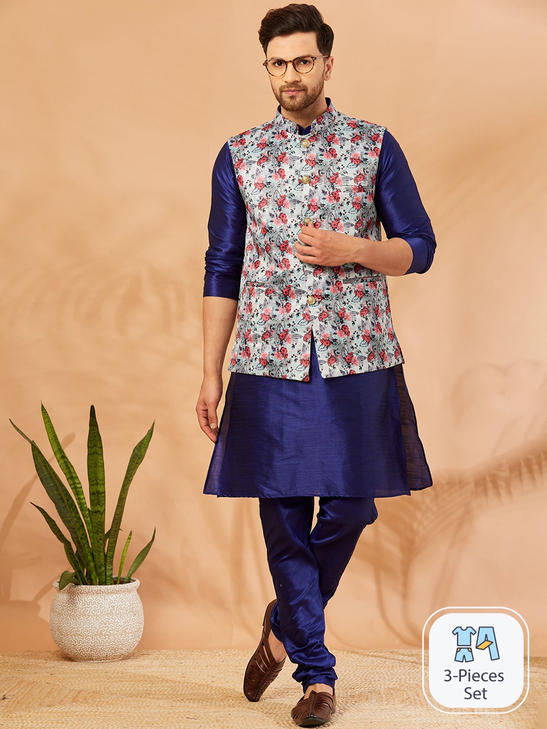 

Armaan Ethnic Men Grey Floral Printed Regular Dupion Silk Kurta with Churidar