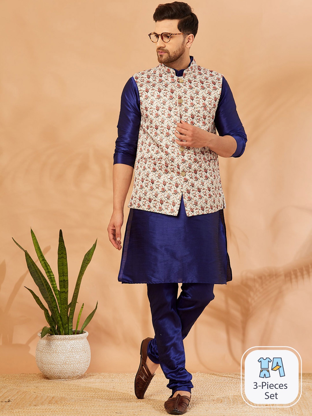 

Armaan Ethnic Men Beige Printed Regular Dupion Silk Kurta with Churidar