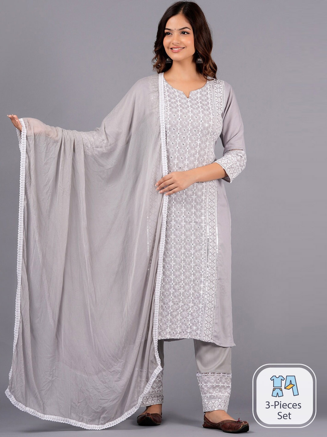 

Bachuu Ethnic Motifs Embroidered Regular Thread Work Kurta With Trousers & With Dupatta, Grey