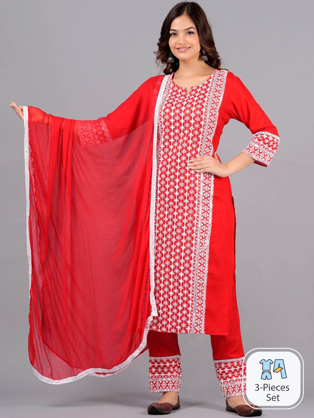 

Bachuu Ethnic Motifs Embroidered Regular Thread Work Kurta With Trousers & With Dupatta, Red