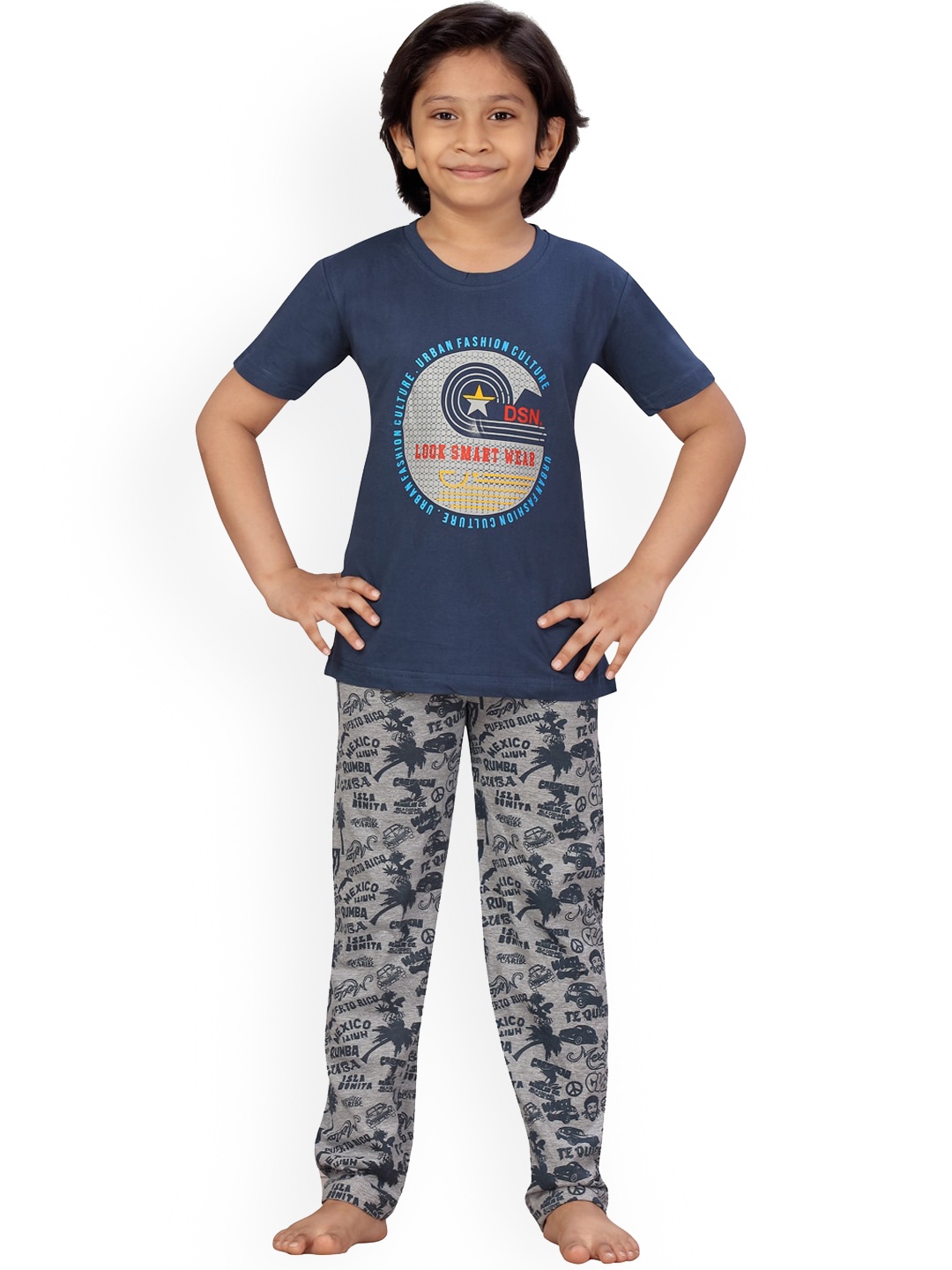 

BAESD Boys Printed Pure Cotton Night suit, Navy blue