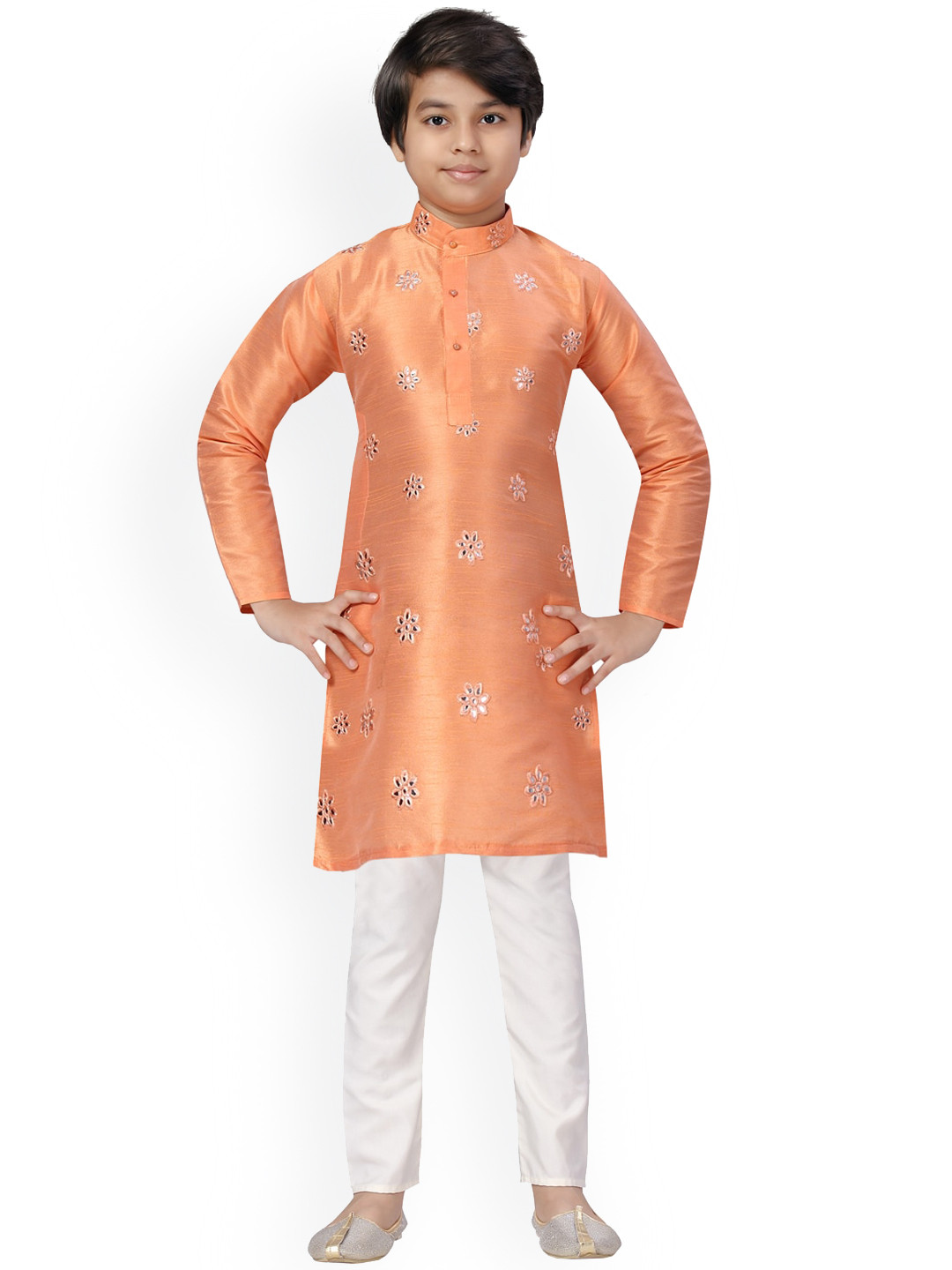

BAESD Boys Floral Embroidered Mirror Work Pure Cotton Straight Kurta With Pyjamas, Peach