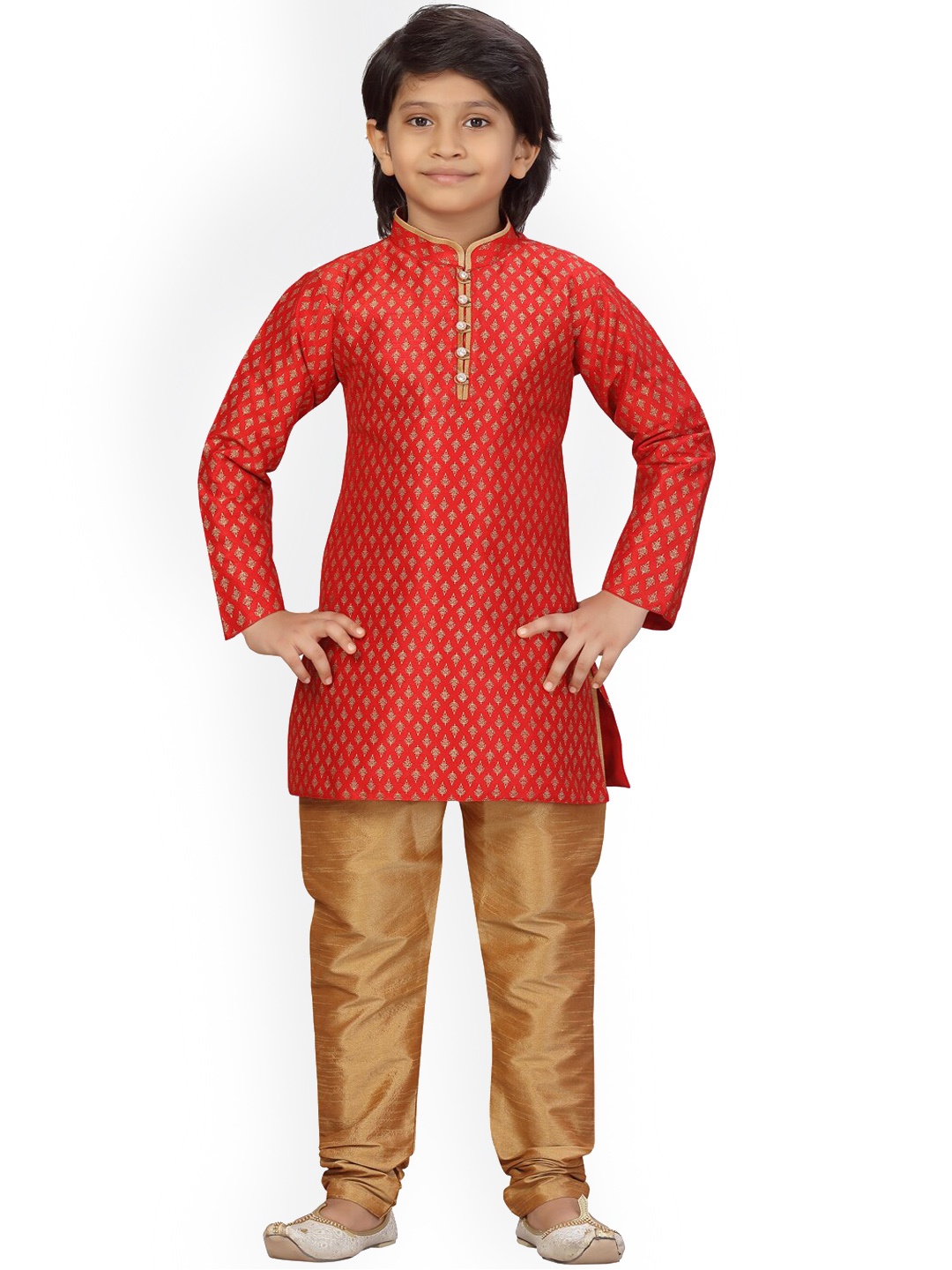 

BAESD Boys Ethnic Motifs Woven Design Pure Cotton Straight Kurta With Churidar, Red