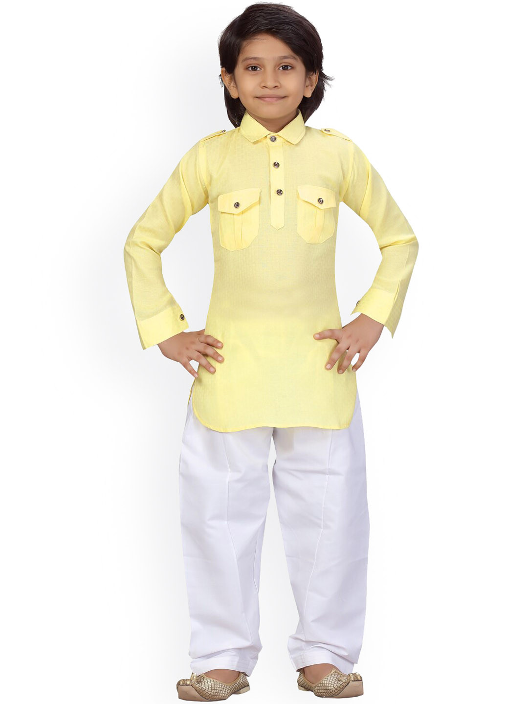 

BAESD Boys Pure Cotton Pathani Pure Cotton Kurta With Trousers, Yellow