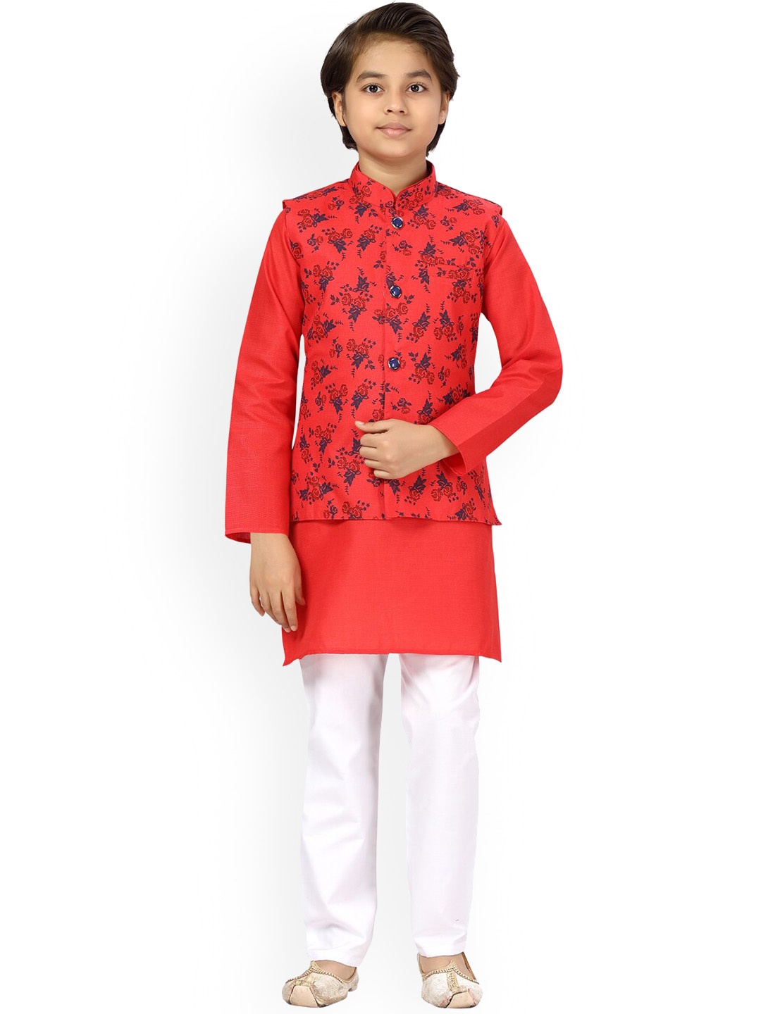 

BAESD Boys Mandarin Collar Pure Cotton Straight Kurta With Pyjamas & Nehru jacket, Red