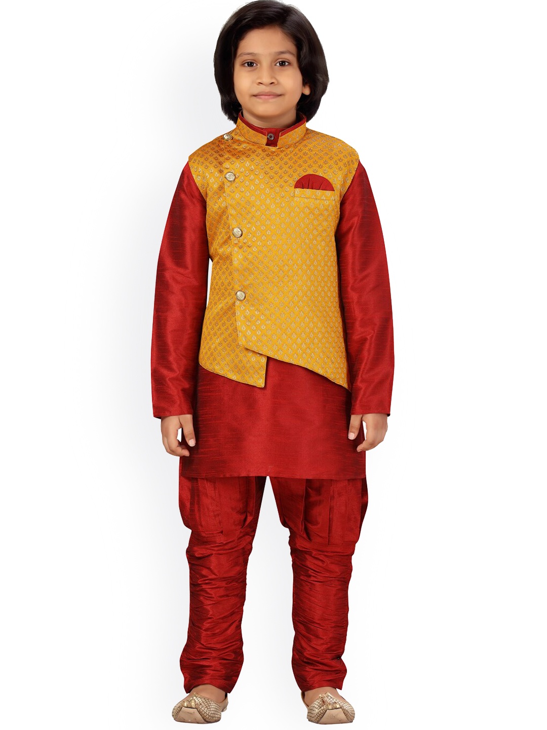 

BAESD Boys Pure Cotton Straight Kurta With Pyjamas & Nehru Jacket, Yellow