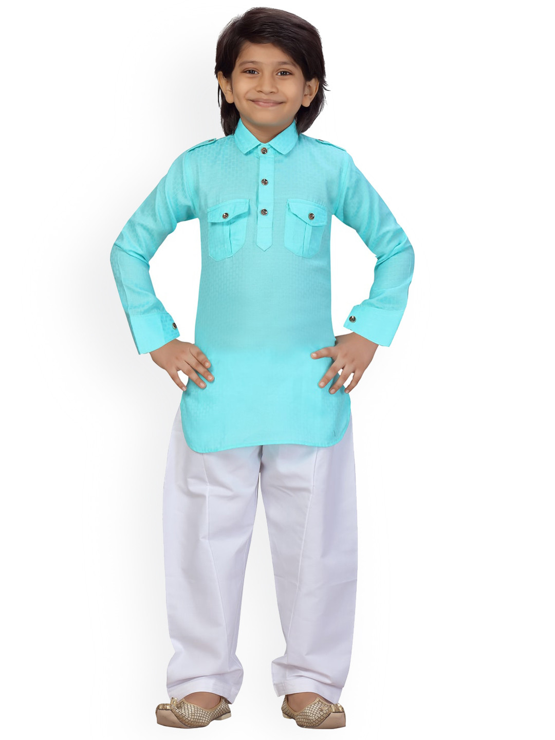 

BAESD Boys Self Design Regular Pure Cotton Pathani Kurta With Pyjamas, Turquoise blue