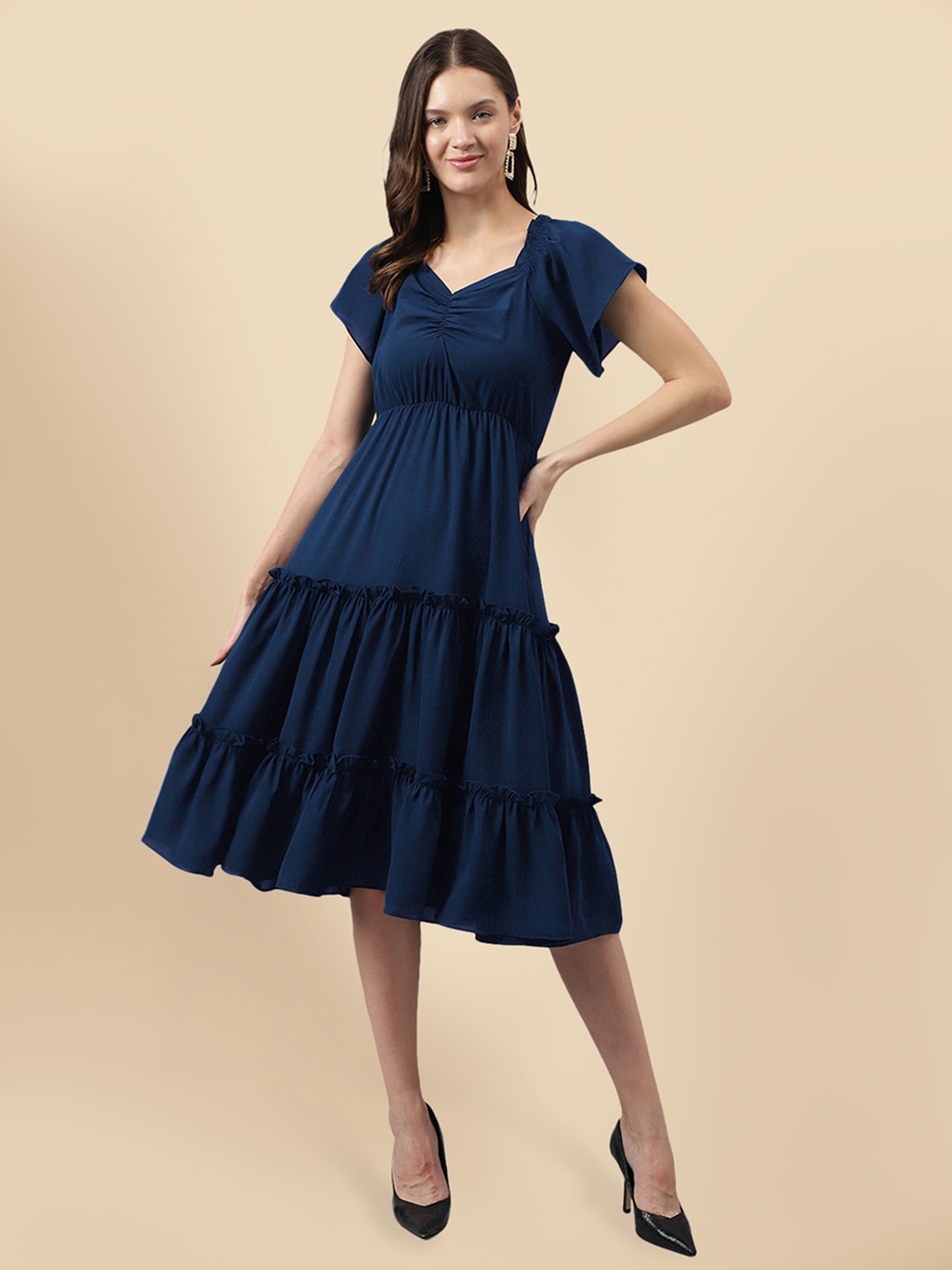 

BAESD Sweetheart Neck Tiered A-Line Midi Dress, Navy blue