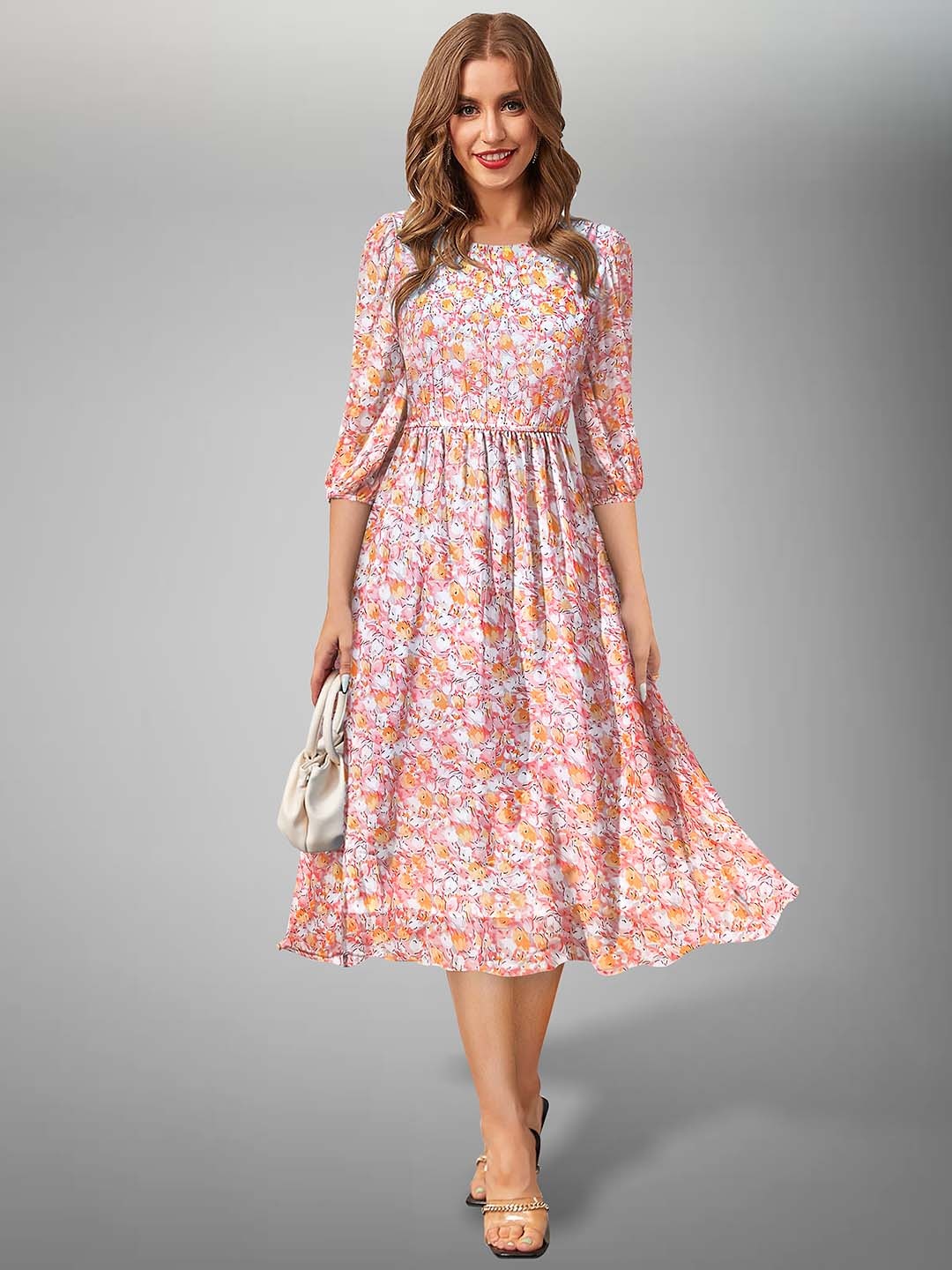 

BAESD Floral Printed Puff Sleeves Fit & Flare Dress, Pink