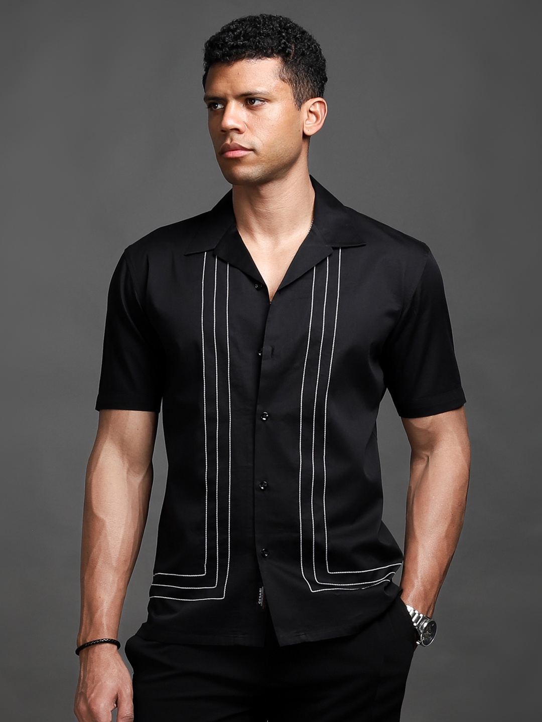 

CESARI LONDON Jade Topstitched Border Cuban Slim Fit Cotton Casual Shirt, Black