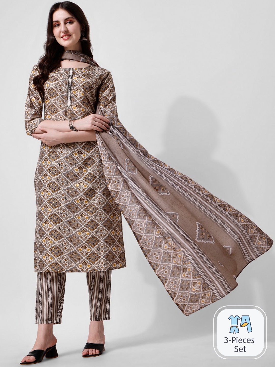 

KALINI Ethnic Motifs Printed Pure Cotton Kurta with Trousers & Dupatta, Brown