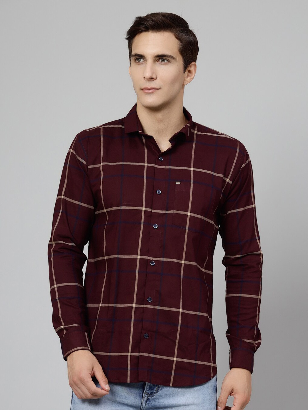 

JADEBERRY Men Coffee Brown Standard Windowpane Checks Opaque Checked Formal Shirt