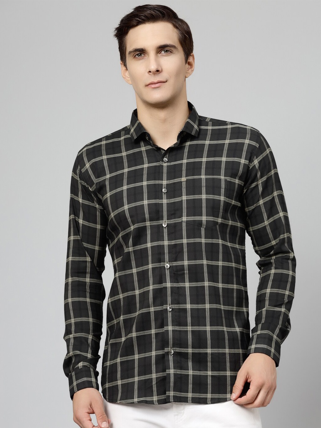 

JADEBERRY Men Grey Standard Windowpane Checks Opaque Checked Formal Shirt