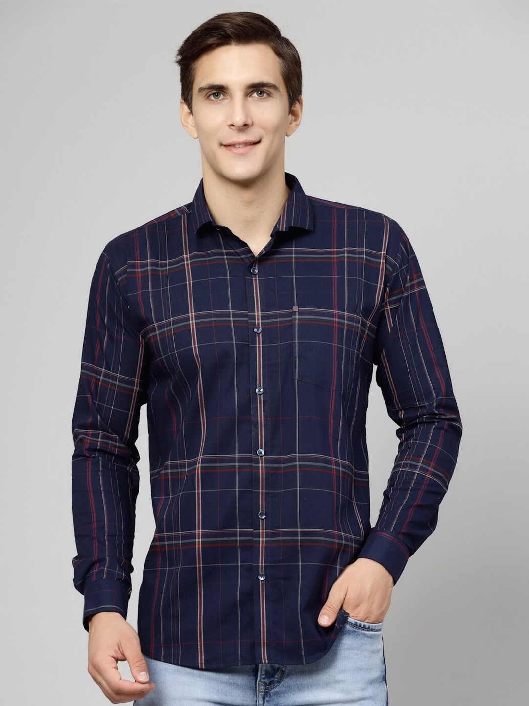 

JADEBERRY Checked Cotton Standard Casual Shirt, Navy blue