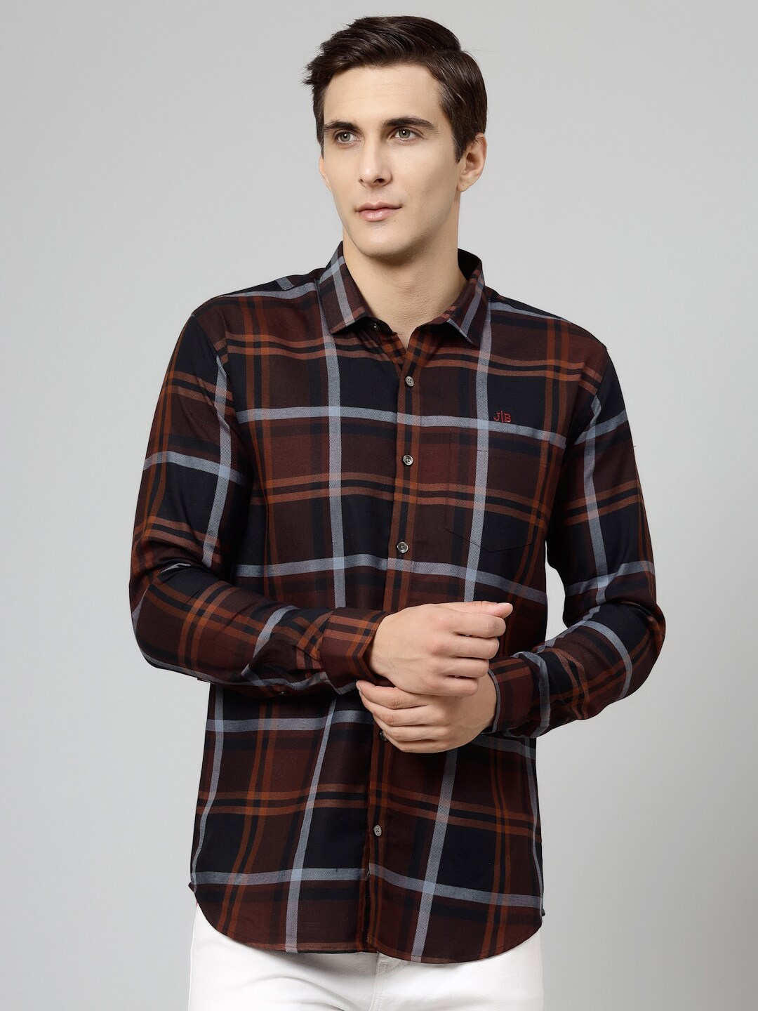 

JADEBERRY Men Brown Standard Tartan Checks Opaque Checked Formal Shirt