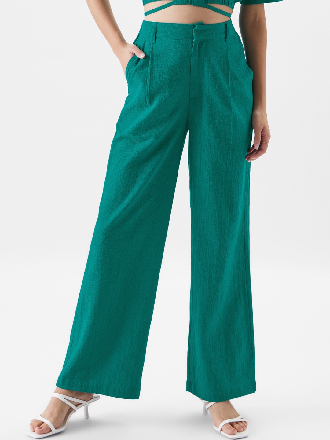 

The Souled Store Women Relaxed Flared Pleated Mid-Rise Trousers, Teal