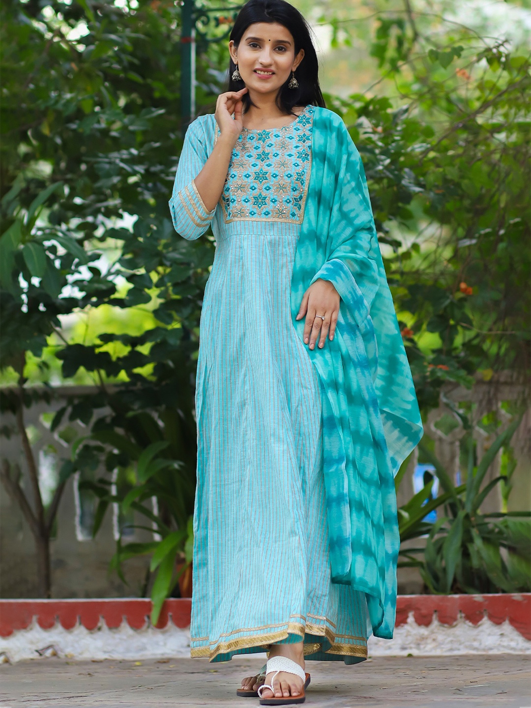 

misbis Striped Cotton Maxi Ethnic Dresses, Green