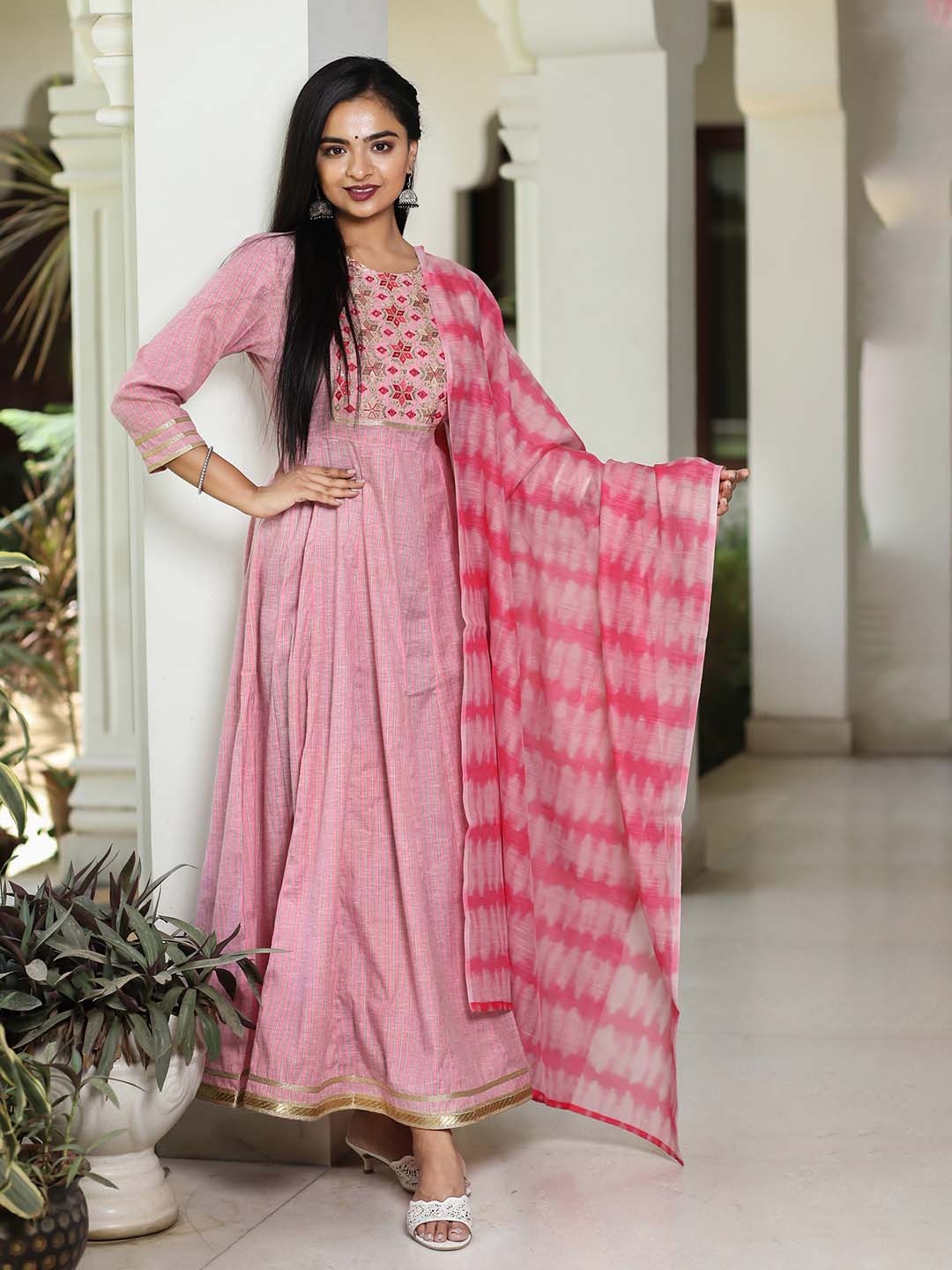 

misbis Floral Embroidered Cotton Maxi Ethnic Dress With Dupatta, Pink