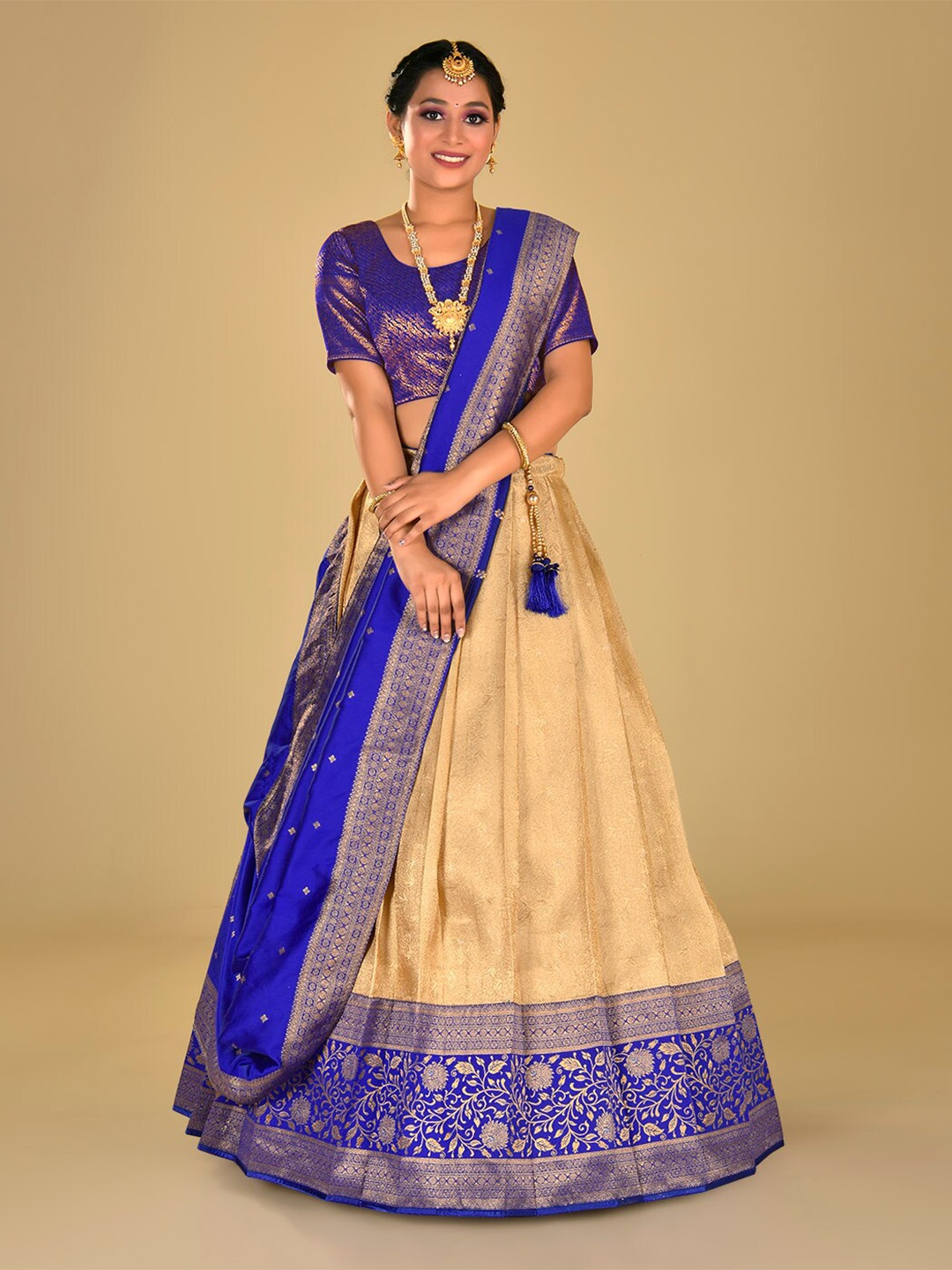 

HALFSAREE STUDIO Ethnic Motif Kanjivaram Silk Semi-Stitched Lehenga & Blouse With Dupatta, Blue