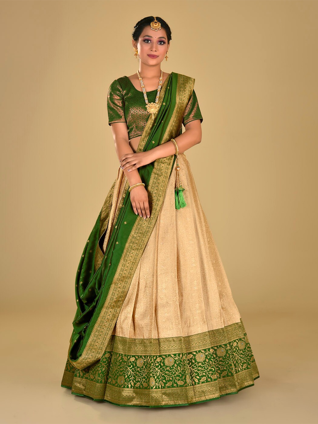 

HALFSAREE STUDIO Semi-Stitched Lehenga & Unstitched Blouse With Dupatta, Olive