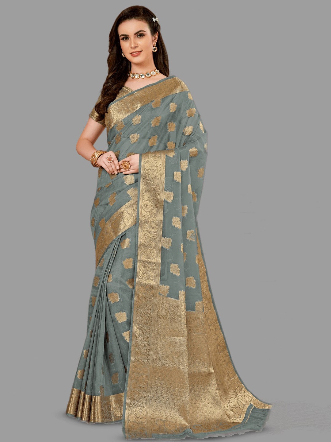 

HASRI Floral Woven Design Zari Organza Banarasi Saree, Grey