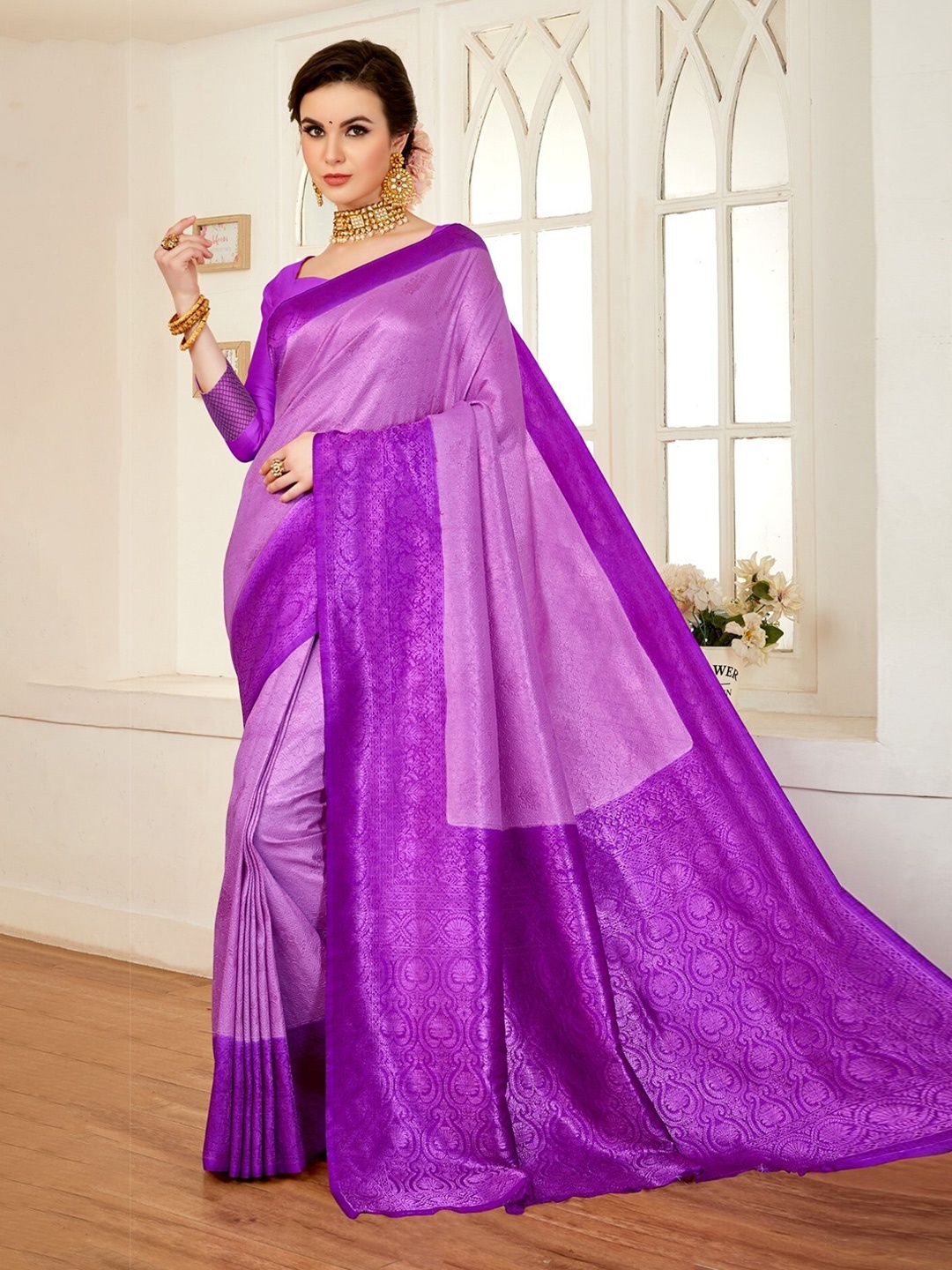 

HASRI Woven Design Zari Pure Silk Kanjeevaram Saree, Purple