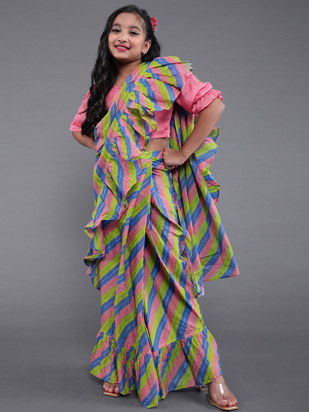 

Aks Kids Girls Striped Pure Cotton Leheriya Saree, Pink
